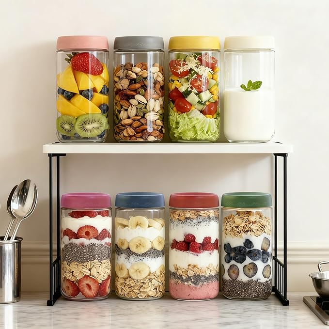 24oz 4Pack Glass Overnight Oats Jars Containers with Airtight Leakproof Lids, Reusable Mason Jars for Meal Prep, Yogurt Parfaits, Smoothies, Salads & Healthy Breakfasts (24 OZ-4-2)