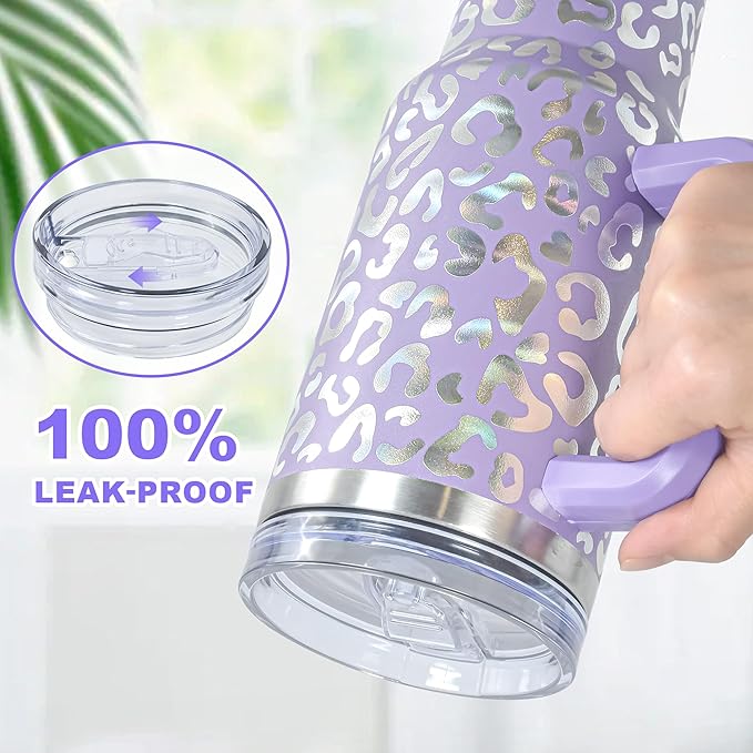 40 oz Tumbler with Handle and Straw, 100% Leak-Proof Travel Mug, Stainless Steel Double Wall Vacuum Insulated Coffee Cup Keeps Cold For 34 Hours, Dishwasher Safe, Lavender Leopard