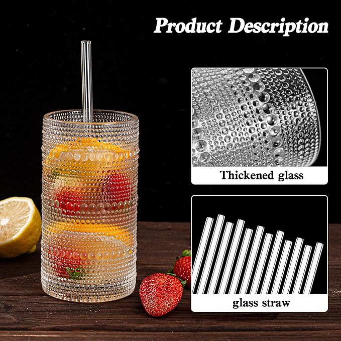Upgraded Large Capacity 16 oz/480 ml Hobnail Glasses Drinking Set of 12 - Heavy Vintage Glassware