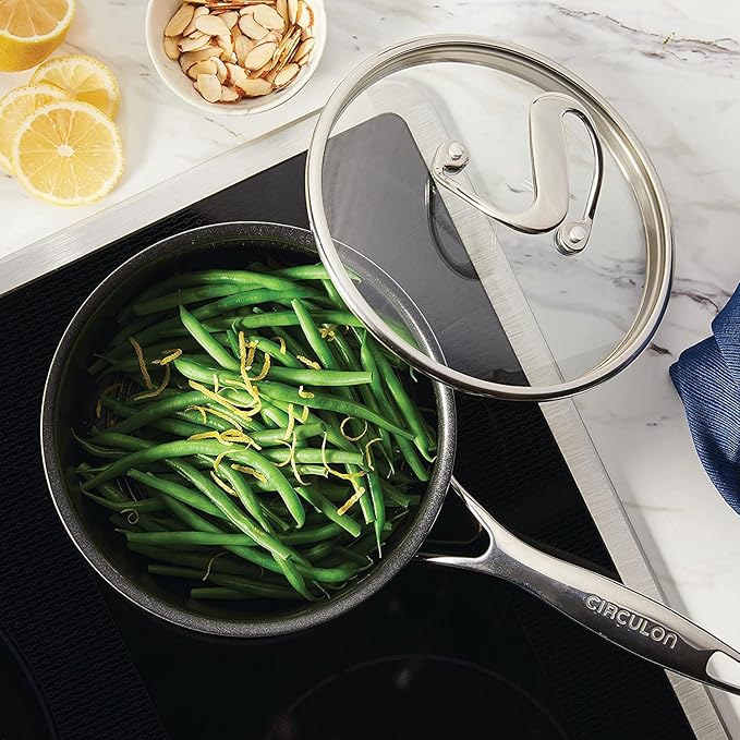 Circulon Clad Stainless Steel Saucepan with Glass Lid and Hybrid SteelShield and Nonstick Technology, 2 Quart - Silver