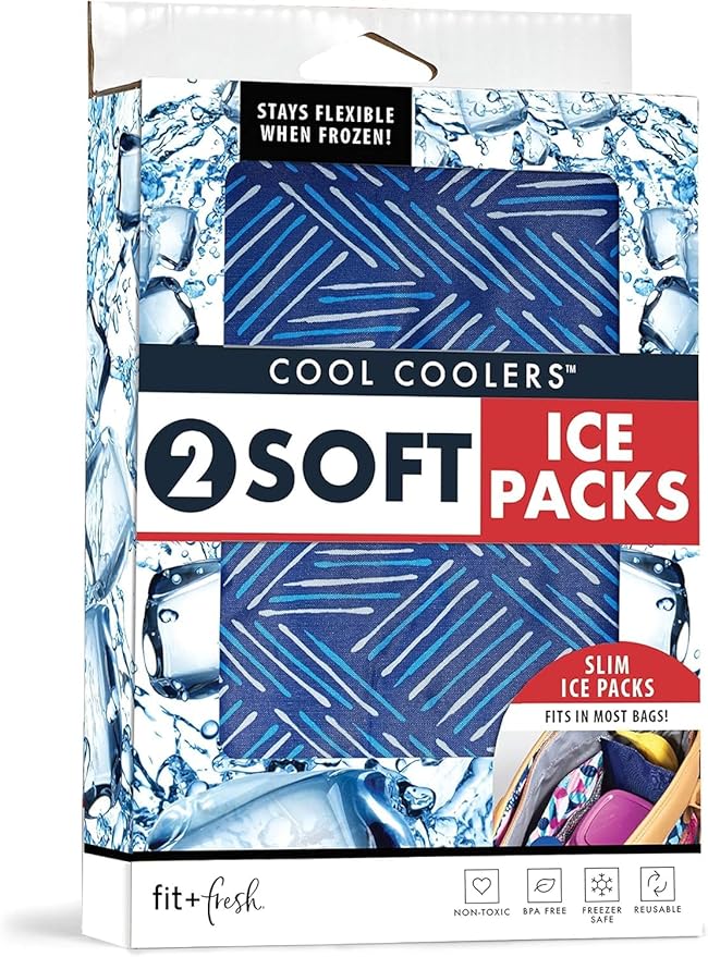 Cool Coolers by Fit & Fresh 2 Pack Soft Ice, Flexible Stretch Nylon Reusable Ice Packs for Lunch Boxes & Coolers, Navy Sketch Weave & Blue