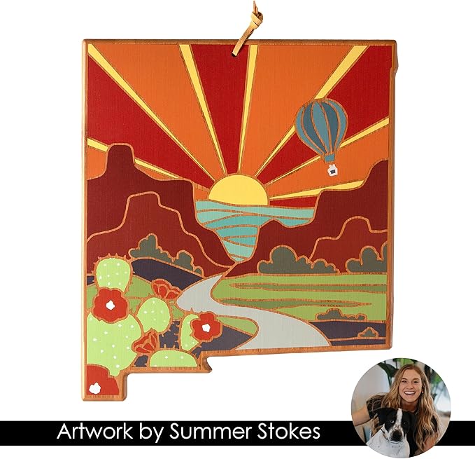 Totally Bamboo New Mexico State Shaped Cutting Board and Charcuterie Serving Platter with Artwork by Summer Stokes, Includes Hang Tie for Wall Display