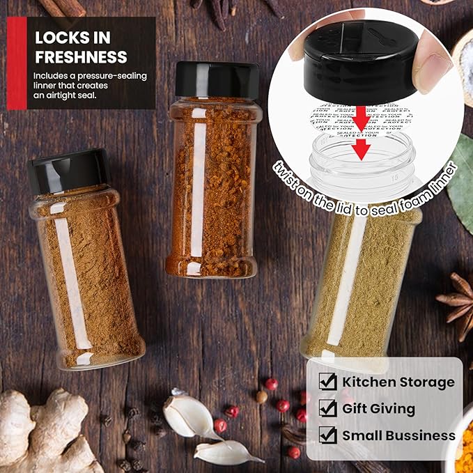 TUZAZO 6 Pcs Spice Bottles Plastic Seasoning Containers, 3 Oz Clear Plastic Spice Jars with Shaker Lids Empty for Spice & Herbs, Powders, Glitters, BPA Free | Heavy Duty | Wide Mouth | Dual Flaps