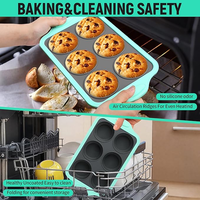Muffin Pans for Baking 6 Cups, Silicone Foldable Muffin Pan with Metal Frame, Collapsible Cupcake Pan, Egg Bite Molds, Muffin Tin Tray for Baking Homemade Brownies Puddings (2)