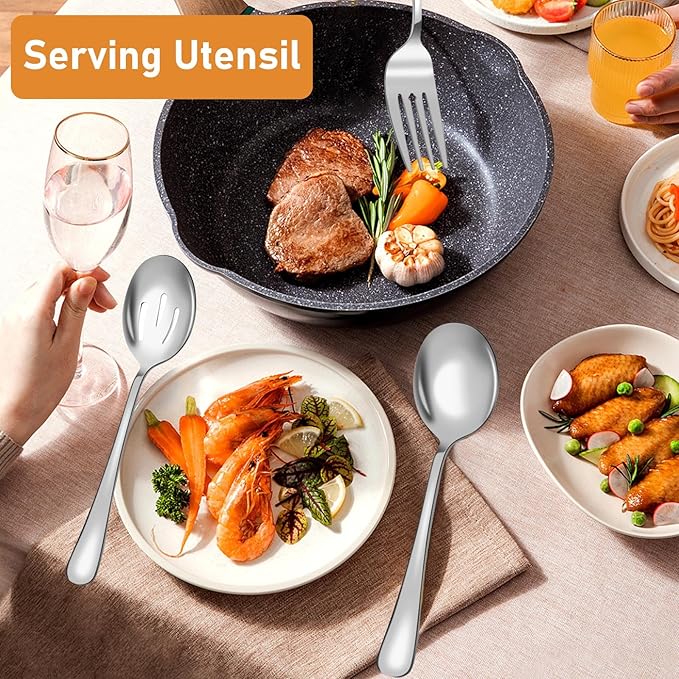 Serving Utensils Set for Buffet, 18 Pack Stainless Steel Serveware, Large Spoons, Slotted Spoon, Forks, Tongs, Butter Knife, Shell Spoons, Soup Ladle, Pie Server, for Party Festival Family, Silver