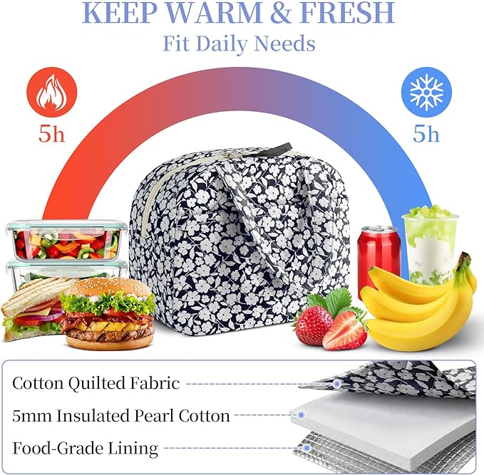 Quilted Lunch Box for Women,Coquette Aesthetic Lunch Box for Teen Girls,Cute Floral Lunch Bags for Work, School,Office,Picnic,Travel (White Floral)
