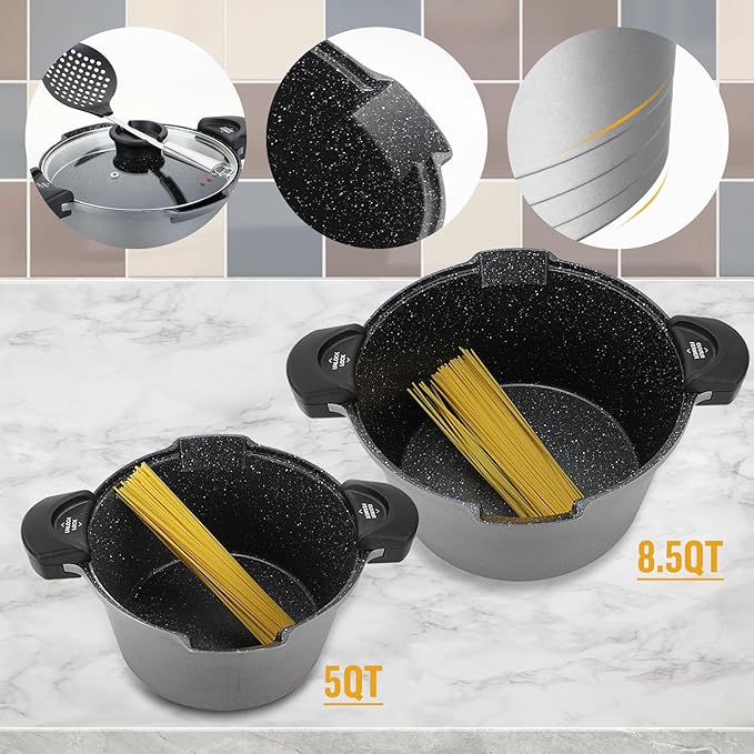ROSSETTO 8.5QT Pasta Pot with Strainer Lid, 11'' Cast Aluminum Nonstick Multipurpose Stock Pot Spaghetti, Self-Draining Cooking Pot with Insulated Handles for Soup, and Boiling