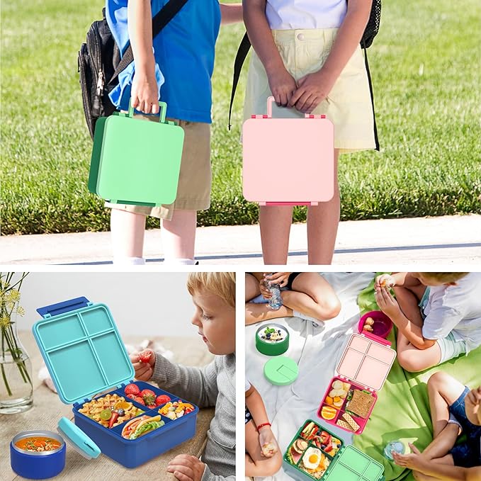 Bento Lunch Box Kids with 8oz Soup Thermo, Leak-Proof Lunch Containers with 4 Compartment, Thermo Hot Food Jar and Insulated Lunch Box for School Green