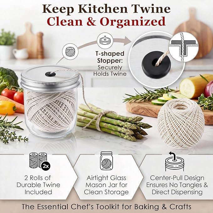 Dreyoo Kitchen Twine with Glass Mason Jar Dispenser, 2 Pack 216FT Cooking Twine, 2MM Natural Cotton Butcher Twines for Meat, Turkey, Roast & Kitchen Use, Center Pull Butcher Twines for Cooking (White)