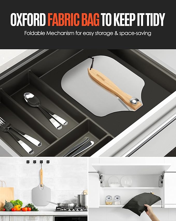 Pizza Peel Aluminum Pizza Spatula,9 inch Metal Pizza Paddle(13"x 9") with Rocker Cutter Foldable Wood Handle, [Storage bag included], for Family Pizza Oven Baking Pizza, Dough, Bread & Pastry