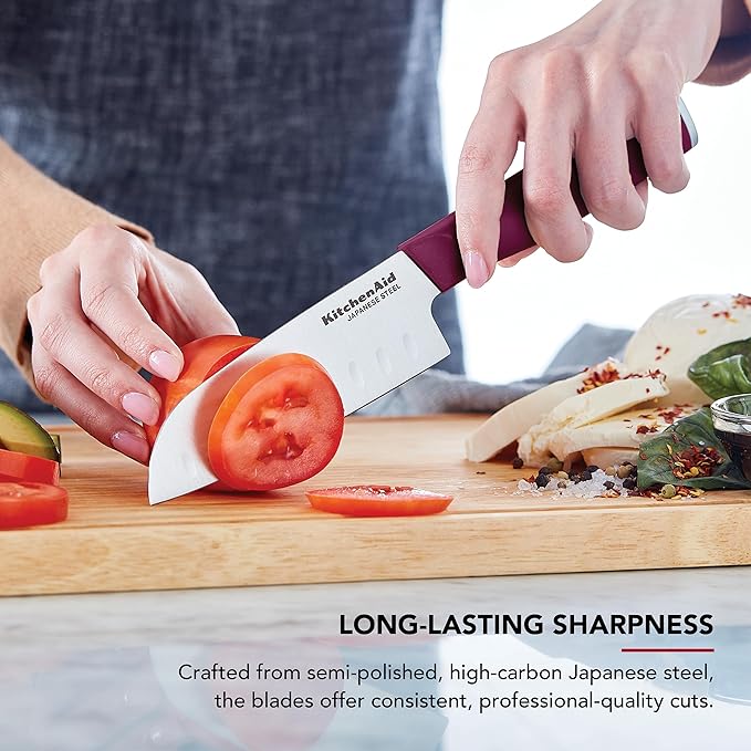 KitchenAid 4-Piece Chef Knife Set with Blade Covers, 6-Inch Chef Knife, 5-Inch Santoku, 5.5-Inch Serrated Utility, 3.5-Inch Paring High-Carbon Japanese Steel, Assorted Colors
