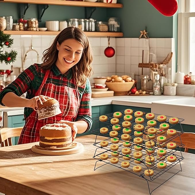 PowerKing 4-Tier Cooling Rack for Baking - 15.75" x 9.84" Stackable Stainless Steel Wire Rack, Non-Stick, Collapsible, Space-Saving Design for Cookies, Cakes, and More, Gifts for Baking Enthusiasts
