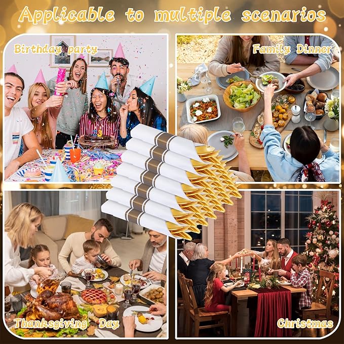Supernal 100 Pack Gold Plastic Silverware,Pre Rolled Silverware Set Disposable,Gold Disposable Utensils Includes 100 Plastic Forks Spoons and Knives Set,and 100 Napkins for Wedding,Birthday, Party