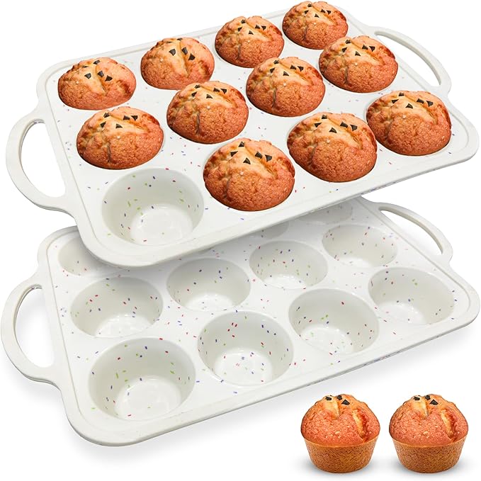 RICCLE Silicone Muffin Pans for Baking with Metal Reinforced Frame, 12-Cup Cupcake Pan, 2 Pcs Muffin Trays for Cupcake Baking, Tray Molds, Oven & Dishwasher Safe, BPA-Free