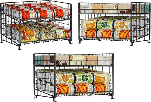 Adjustable Rack Organizer, Stackable 2-Tier Storage for Kitchen Pantry Cabinet, Can Holders for Food, Multifunctional Dispenser for Snacks Soda-3 Pack
