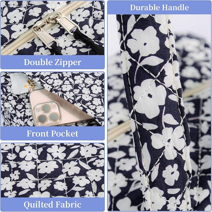 Quilted Lunch Box for Women,Coquette Aesthetic Lunch Box for Teen Girls,Cute Floral Lunch Bags for Work, School,Office,Picnic,Travel (White Floral)