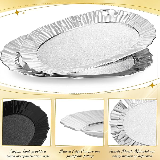 12 Pcs Sliver Plastic Serving Tray Bulk, 14.5" x 8.6" Rectangle Silver Party Platters Reusable Decorative Dessert Table Serving Trays Snack Food Tray for Cupcake Wedding Birthday Party