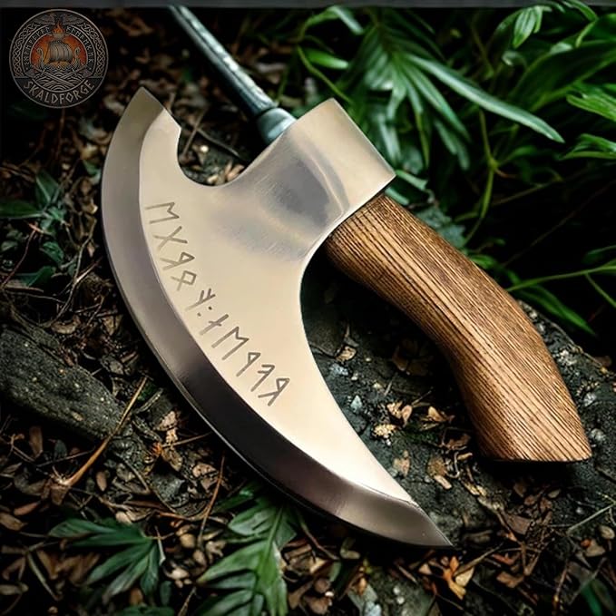 Viking Pizza Cutter Axe with Leather Sheath, Rune Engraving Carbon Steel Blade with Ash Wood Handle, Pizza Slicer Unique Tool for Kitchen & BBQ, Best Gift for Men and Women