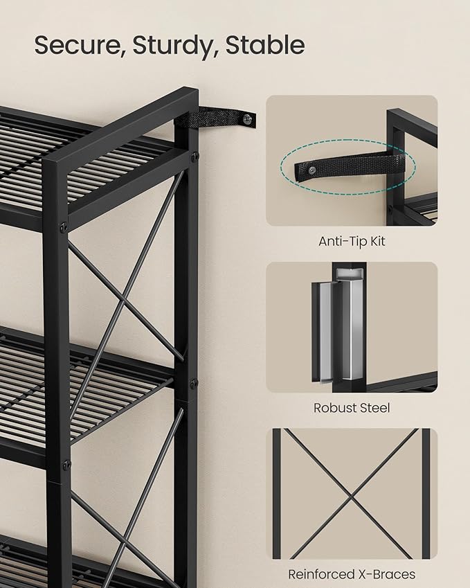 SONGMICS 4-Tier Metal Storage Rack, Shelving Unit with X Side Frames, Dense Mesh, 12.6 x 31.5 x 44.3 Inches, for Entryway, Kitchen, Living Room, Bathroom, Industrial Style, Ink Black UBSC184B01