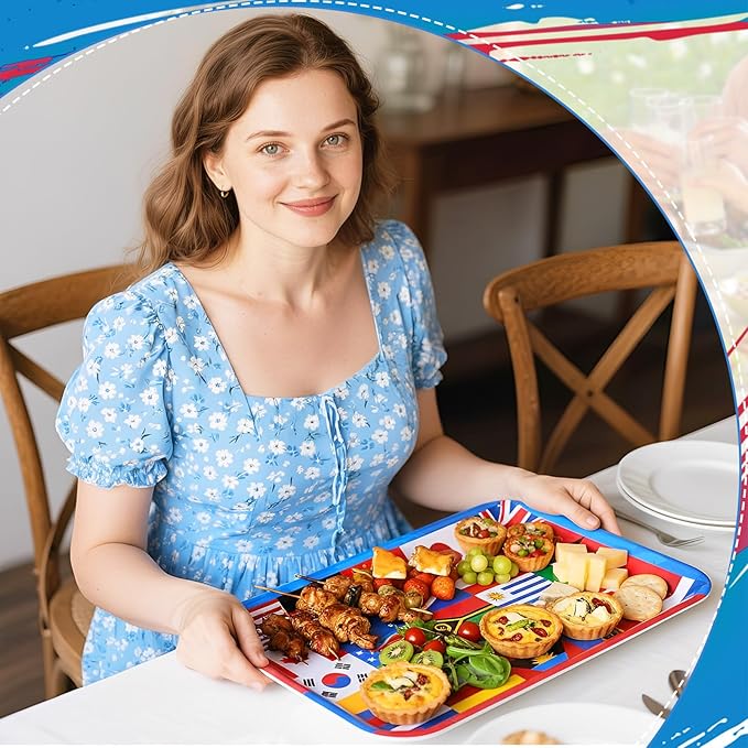 Vesici 4 Pack World Flag Serving Trays 13x10 Melamine Platters for Around the World Party Decorations, Rectangular International Map Dishes for Multicultural Global Theme Appetizers, Missionary Events