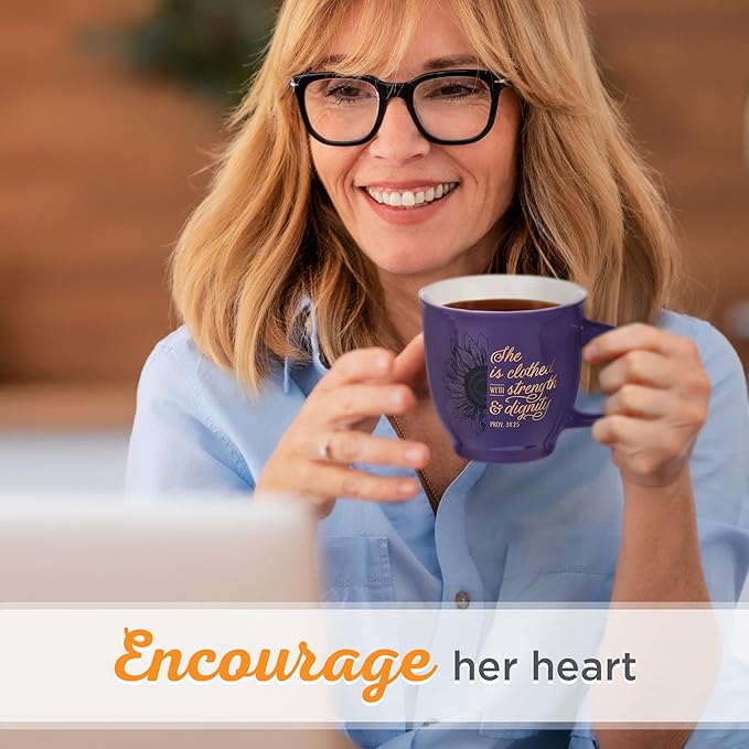Christian Art Gifts Purple Sunflower Ceramic Coffee Mug – 14 oz. Lead and Cadmium-free Inspirational Scripture Coffee and Tea Mug for Women with Bible Verse: Strength & Dignity – Proverbs 31:25