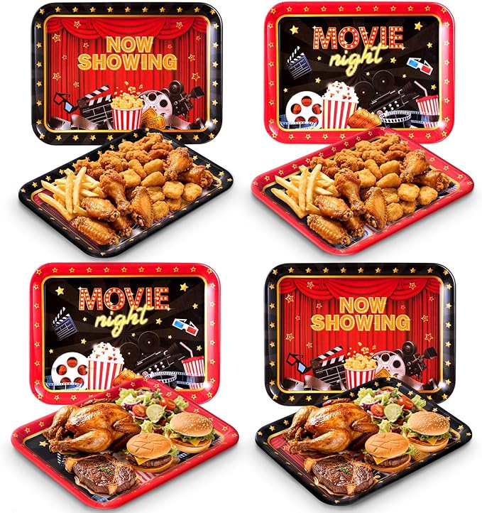 Vesici 4 Pack Movie Night Melamine Serving Trays, 13 x 10 Inch Rectangular Cinema Snack Platters with Popcorn & Film Designs, Durable Serving Plates for Home Theater, Parties & Appetizers