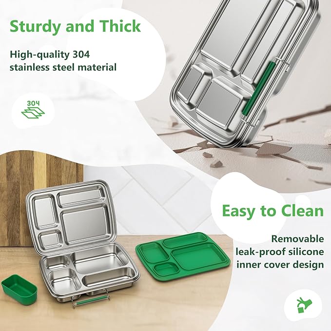 Stainless Steel Bento Lunch Box for Kids & Adults, 4 Compartment Kids Lunch Box, Metal Bento Box with Silicone Container and Stainless Steel Sauce Container,BPA-Free,School,Office(Green)