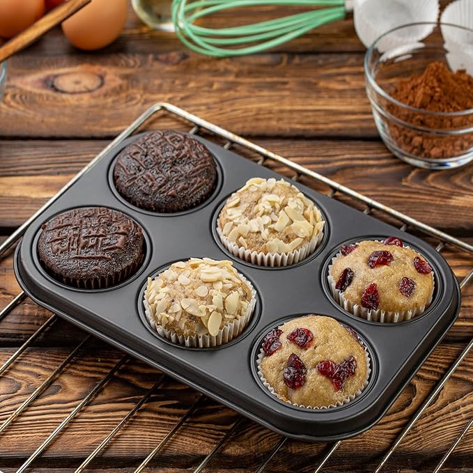 Jumbo Muffin Pan 6 Cup, 2-Pack Nonstick Extra Large Muffin Tin for Baking, Durable Non-Toxic Carbon Steel, 3.35'' Diameter, 1.77'' Deep Muffin Mold, Deep Cup Design