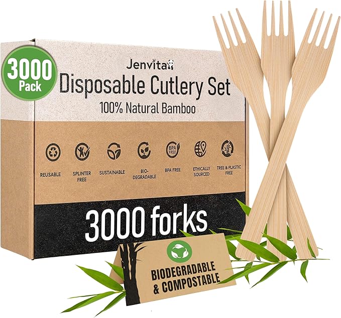 100% Bamboo Forks Set - Compostable Utensils Bulk (3000 Eco Friendly Forks) | Bamboo Cutlery Disposable or Reusable | Compostable FSC Certified Flatware for Weddings, Camping, Parties