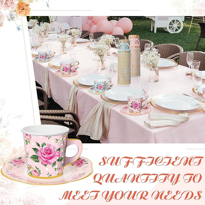Umigy 60 Sets Spring Tea Party Decorations 9 oz Floral Paper Teacups & Saucer Set for Girls Women Afternoon Tea Parties Mothers Day Bridal Shower Wedding Birthday Party Decorations(Pink, Blue)
