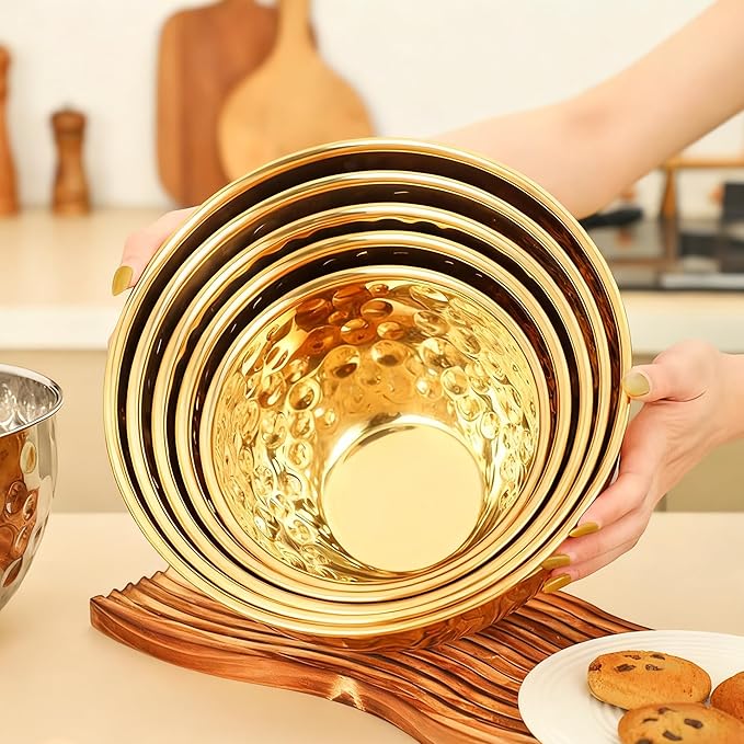 Mixing Bowls Set, 5PCS Stainless Steel Hammered Multicolor Mixing Bowls, Nesting Design Kitchen Bowls, 4.9/4.2/3.2/2.1/1.6QT for Mixing & Serving