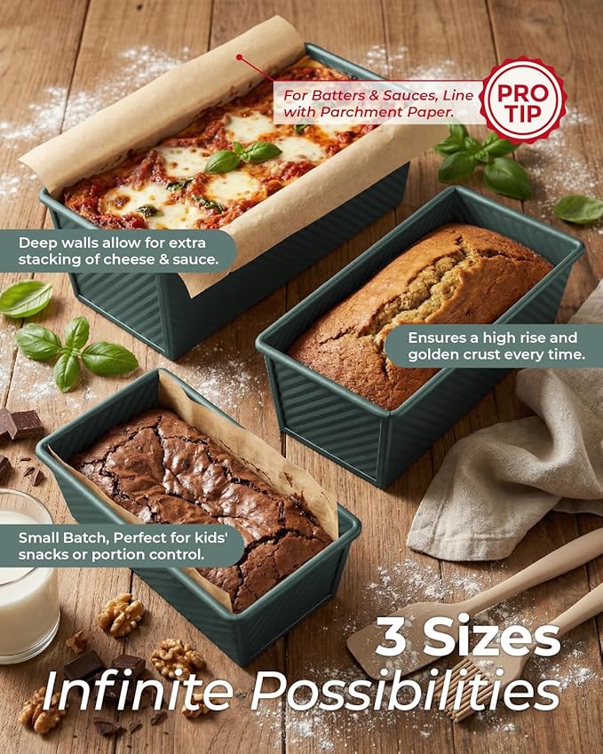 CARTMAN Bread Loaf Pan 2 Pack, 9x4 Pullman Loaf Pan with lid and a Silicone Spatula and Basting Pastry Brush, 1 lb Dough Capacity,Non-Stick Carbon Steel bread pans for homemade bread Sage Green