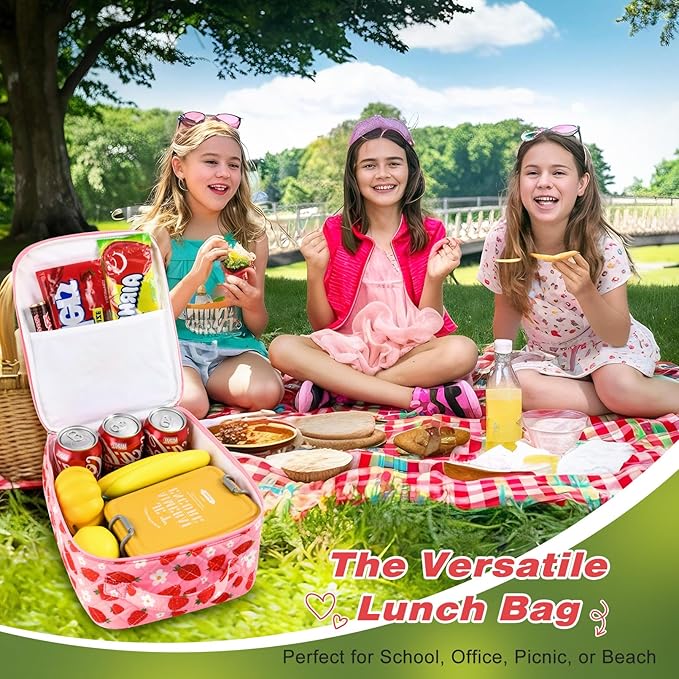 Aileam Lunch Box for Women Cute Strawberry Lunch Bag Quilted Reusable Insulated Lunch Box Aesthetic Lunch Tote Bags Floral Cotton Lunch Case for Travel Work Picnic (Pink Strawberry Flower)