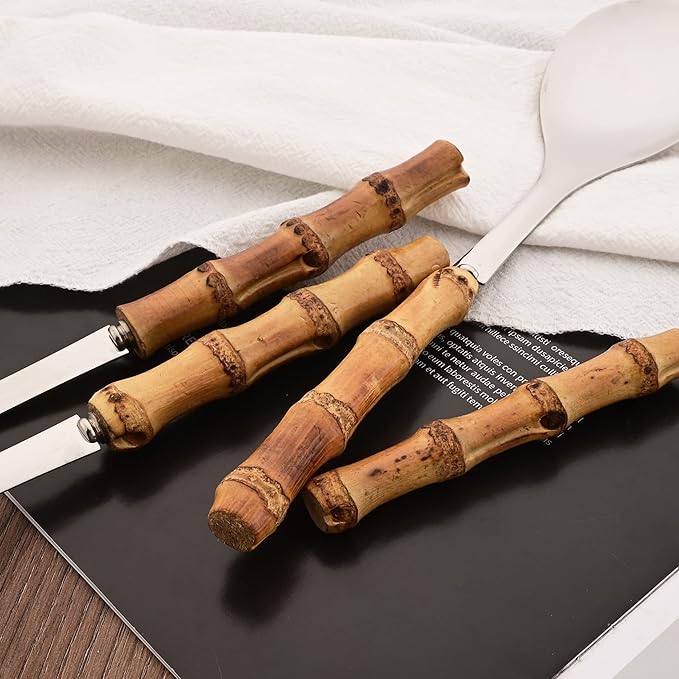 Serving Spoons Set of 2, 10.0" Stainless Steel Serving Spoons with Natural Bamboo Handle, Silver Large Serving Utensils of Spoons, Big Ladle for Buffet, Party, Banquet, Kitchen, Tablespoons Flatware