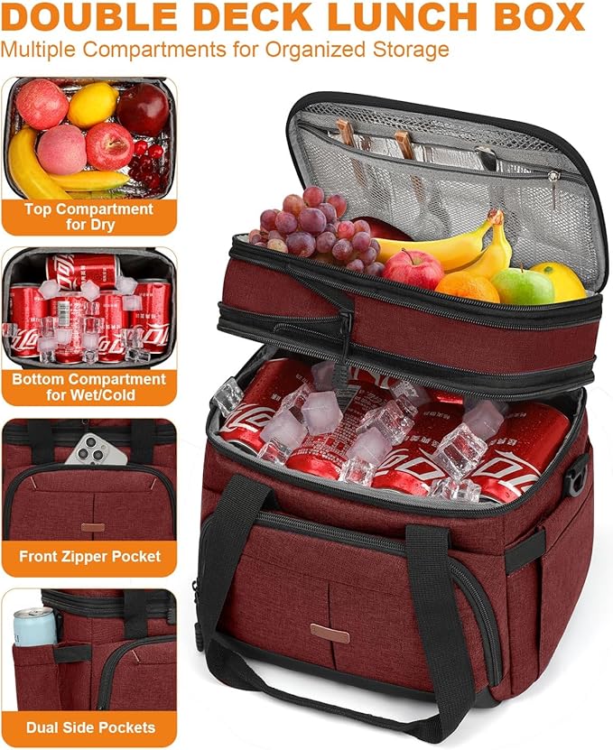 Lunch Box For Men Women Double Deck Insulated Lunch Bag For Men Woman Leakproof Expandable Cooler Bag with Adjustable Shoulder Strap for Work Picnic Camping(Wine Red,Large)