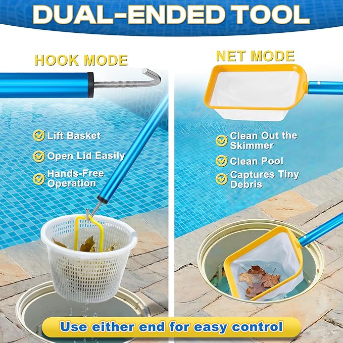 22.5in 2-in-1 Pool Skimmer Tool with Stainless Steel Hook and Detachable Fine Mesh Net, Includes Skimmer Basket Handle, for Above Ground and Inground Pools