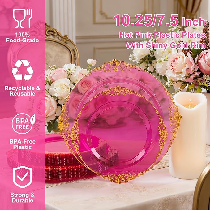102PCS Clear Hot Pink Plastic Plates - Pink Disposable Plate with Gold Rim - Hot Pink Party Plates Easter Include 51PCS 7.5inch Dessert & 10.25inch Dinner Plate for Wedding Birthday Party
