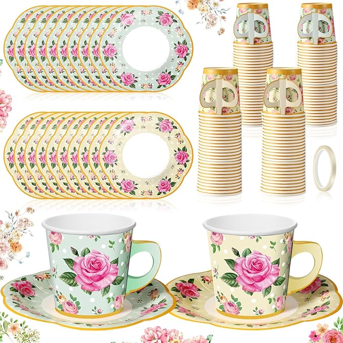 Umigy 60 Sets Spring Tea Party Decorations 6.5 oz Floral Paper Teacups & Saucer Set for Girls Women Afternoon Tea Parties Mothers Day Bridal Shower Wedding Birthday Party Decorations(Yellow, Green)
