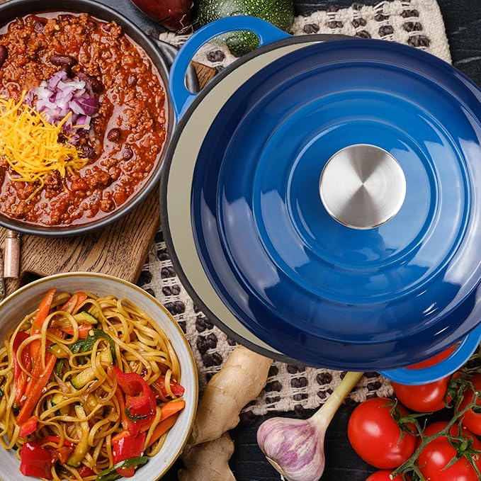 4 Quart Dutch Oven Enameled Cast Iron with Lid - Big Dual Handles - Oven Safe up to 500°F - Classic Round Pot for Versatile Cooking Blue