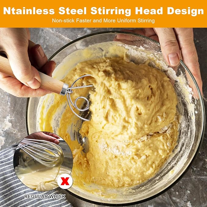 2-Pack Danish Dough Whisk, 13-Inch Dutch Whisk with Stainless Steel Ring, Dutch Bread Whisks for Sourdough, Pizza, Pastry, and Cookies, Essential Kitchen Cooking Safe Mixing Tool