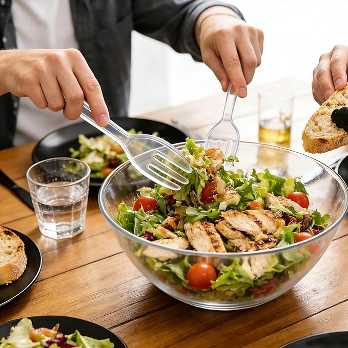 CXPSINC Disposable Plastic Serving Utensils Set 18-Piece, Including 6 Clear Plastic Serving Spoons, 6 Tongs & 6 Forks, Disposable Serving Utensils For Catering Buffets Events (Clear, 18pcs Utensils)