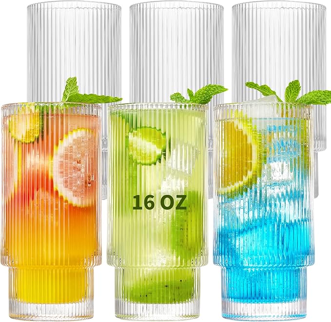 6 Pack Ribbed Drinking Glasses, 16 oz Vintage Glass Cups, Highball Glasses, Premium Iced Coffee Glasses, Clear Glass Tumbler, Cocktail Glasses, Elegant Glassware for Water Juice Whiskey Beer