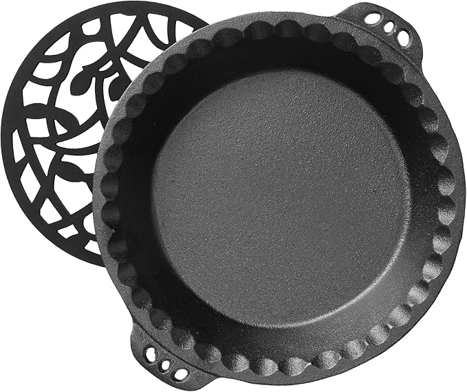 KUHA Cast Iron Pie Pan | Pre-Seasoned Round Cast Iron Pan for Apple, Pumpkin & Cherry Pies, Quiche & Tarts | For Baking & Serving | Silicone Trivet Included | 9", 2" Deep