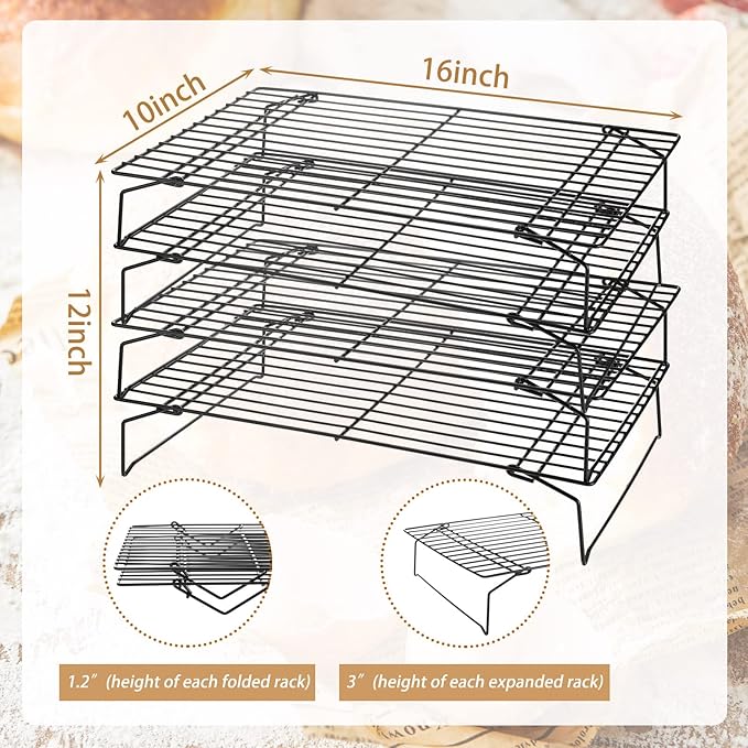 meekoo 2 Pack 4 Tier Cooling Rack Stackable Collapsible Folding Legs Stainless Steel Wire Rack for Baking Cooking Drying Roasting Cookies Bread Meat Oven Use, 16 x 10 Inch