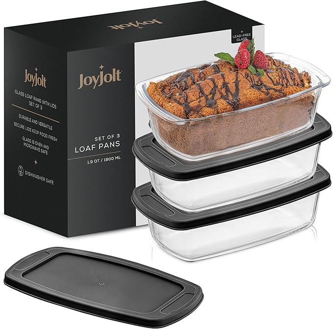 JoyJolt 3pc Loaf Pans for Baking Bread with Lids Baking Set. 1.9 Quart, Large Rectangular Baking Dish With Lid. Oven Pan, Banana Bread Pan, Lasagna Pan Deep with Lid, Bread Saver Container Airtight