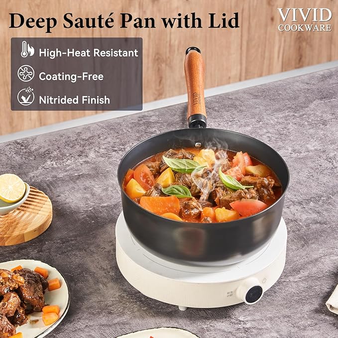 Carbon Steel Wok Pan 9.8", 4QT Deep Wok with Lid, Flat Bottom Wok Pan with Wooden Handle for Stir Fry, Soup, Braising & Noodles, Uncoated Carbon Steel Pan for Gas, Electric & Induction