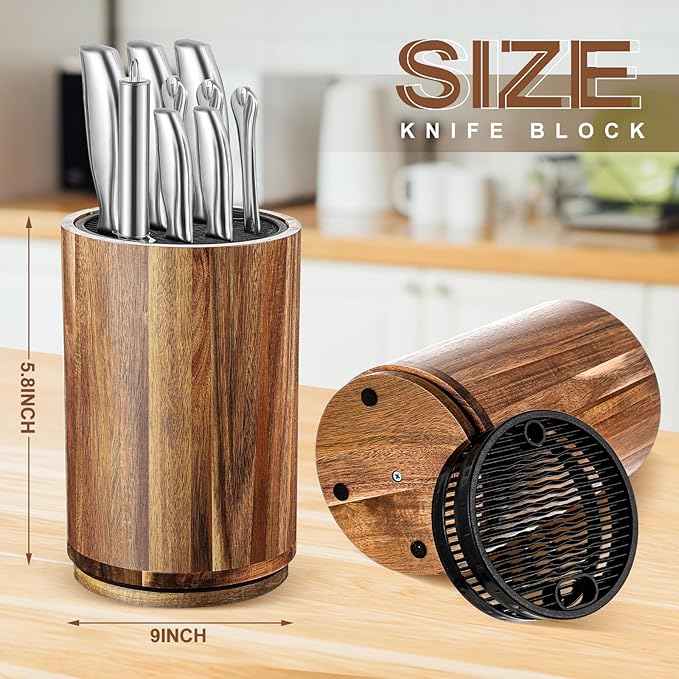Hushee 360° Rotatable Knife Block Without Knives, 5.9 x 9 Inch Round Acacia Wood Knife Organizer Large Capacity Holder for Scissors Sharpening Rod, Holds up to 10 Knives, Kitchen Organization