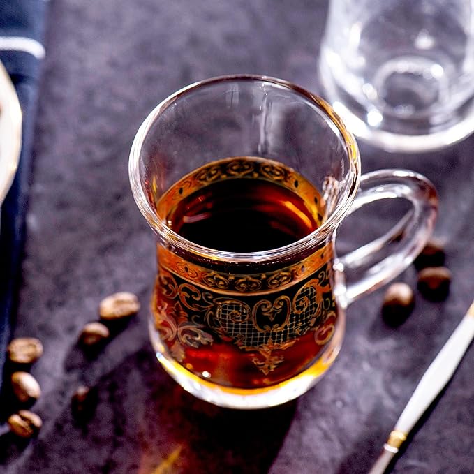 Turkish Tea Glasses Set of 6 - Gold Moroccan Tea Cups with Handle - 5 oz Footed Glass Coffee Mugs for Hot Cold Beverages Drinks