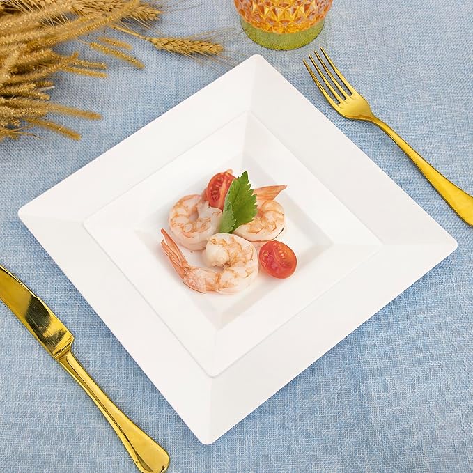 SETUP [Case of 240 Combo White Square Plates, Disposable Plastic Plates - Premium Heavy-Duty 120 Disposable 9.5" Dinner Party Plates and 120 Disposable 6.5" Salad Plates