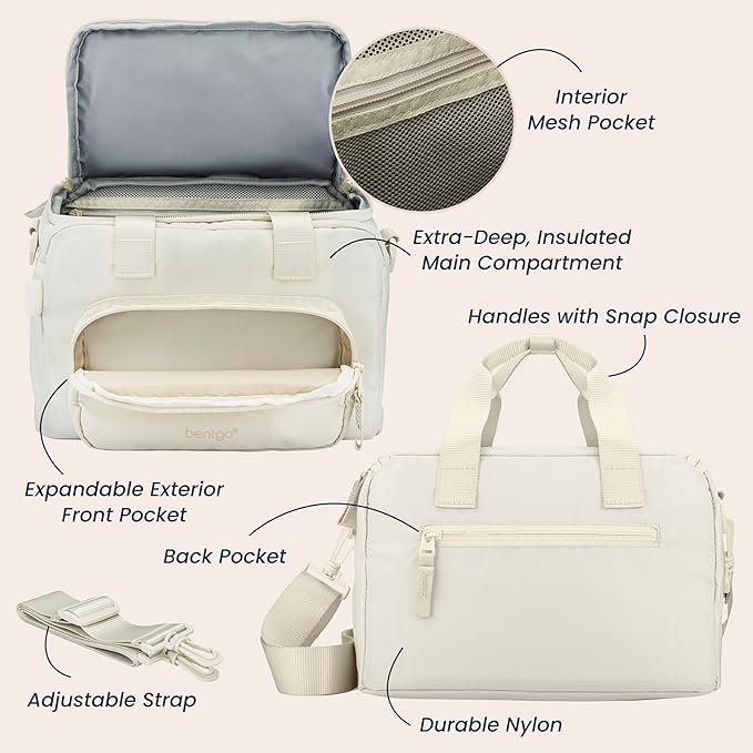 Bentgo Insulated Lunch Bag – Extra-Large Capacity Adult Lunch Bag with Shoulder Strap and External Storage Compartment, Durable, Lightweight, Ideal for Work, School, & Meals On the Go (Bone)